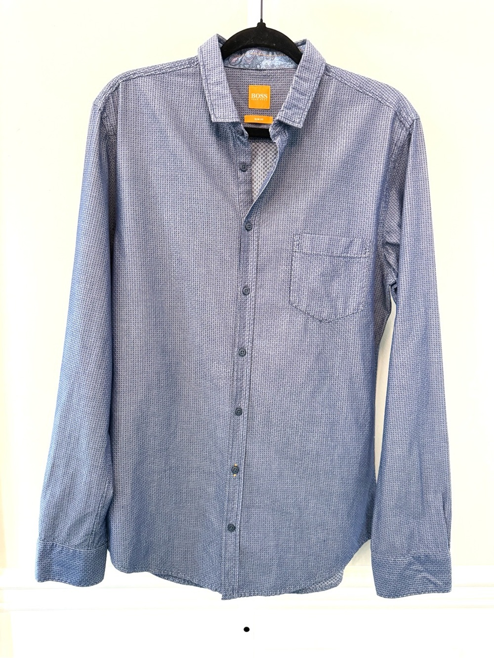 BOSS Orange Hugo Boss Slim Fit Button Down Shirt Blue Textured Dot Cotton Size M